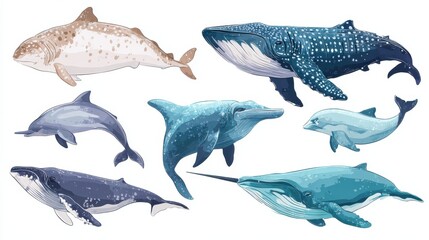 Fototapeta premium Ocean animal. Vector shark, whale, narwhal, cachalot, dolphin, xiphias isolated lettering icon on white. Animal life in ocean or sea set. Underwater world. Marine wildlife illustration for education,