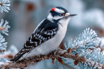 Woodpecker perched on a frosty branch in a snow-covered forest during winter, showcasing its vibrant plumage against the cool backdrop