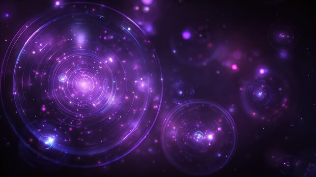 Purple abstract glowing light effect circles with sparkles on dark background. Abstract background for science, universe and cosmos, futuristic digital technologies, energy.
