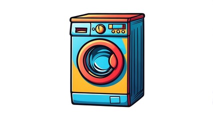 Stylized pop art illustration of a colorful blue and yellow washing machine.