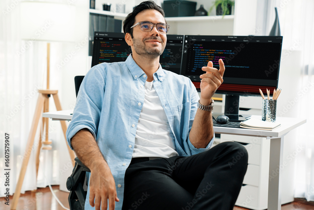 Poster profile's smart it developer looking camera to pose wearing glasses against on software development 
