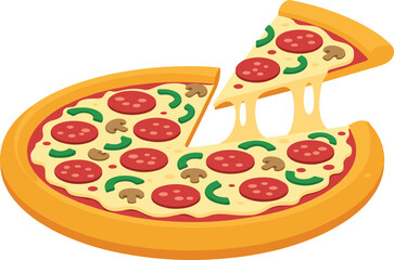 Delicious pepperoni pizza slice with melted cheese, mushrooms, green peppers, hot crust, appetizing toppings, food illustration, white background