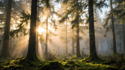 Obraz premium Misty Pine Forest in Golden Morning Light – Dreamy Nature Background for Meditation, Travel, and Nature Projects