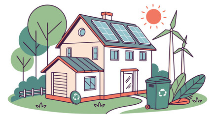 House with Solar Panels Wind Turbines and Green Bin