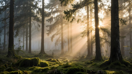 Obraz premium Misty Pine Forest in Golden Morning Light – Dreamy Nature Background for Meditation, Travel, and Nature Projects