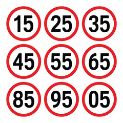 Collection of circular speed limit signs with numbers 15 to 95 and zero