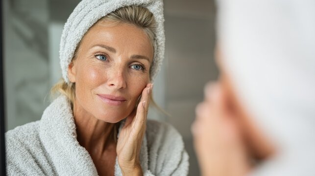 Attractive mid age older adult 50 years old blonde woman wears bathrobe and towel in bathroom touching face, looking at mirror doing daily beauty routine. Skin care treatment concept., no logos, no b