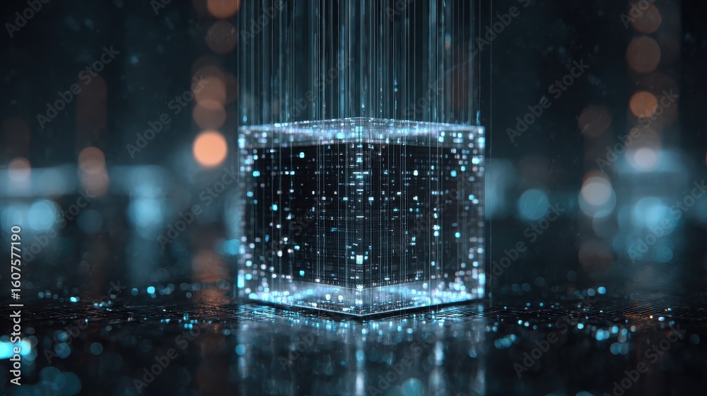 Poster futuristic ai agent hologram cube with flowing data streams and bokeh lights