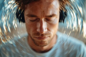 Man with headphones experiences visual static while meditating indoors