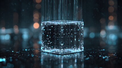 Futuristic ai agent hologram cube with flowing data streams and bokeh lights