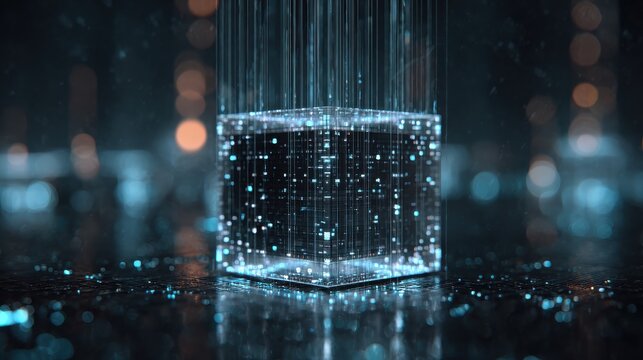 Futuristic ai agent hologram cube with flowing data streams and bokeh lights