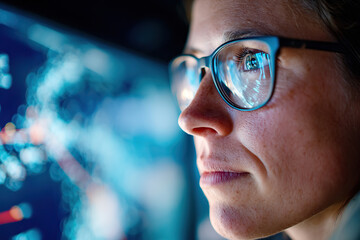 Military analyst focuses intently in dark room while reviewing strategic information