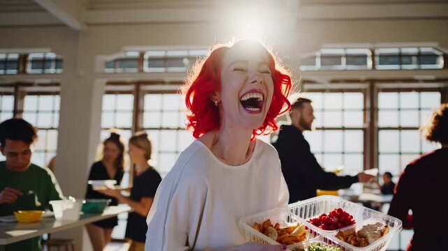 Redhead woman laughing with meal tray in office cafeteria