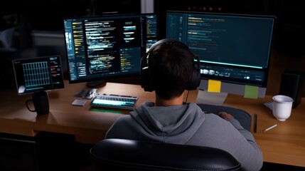 Focused programmer coding late at night in a modern dimly lit workspace.