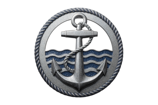 Nautical anchor emblem, ocean waves, rope border, metal texture, maritime design - Powered by Adobe