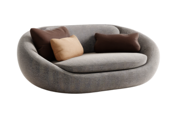 Oval-shaped, cozy loveseat with soft, textured upholstery and accent pillows