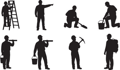 Obraz premium Construction worker silhouettes with tools and ladder, construction worker, silhouette, worker, building, construction, ladder, pickaxe, shovel, bucket, tools, safety helmet, pointing, digging, carryi