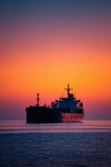 Obraz premium A cargo ship is anchored peacefully on calm waters during sunset. The sky transitions from vibrant oranges to deep purples, creating a serene atmosphere