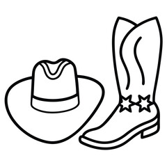 Line Drawing of Cowboy Hat and Boot with Star Embellishments Isolated