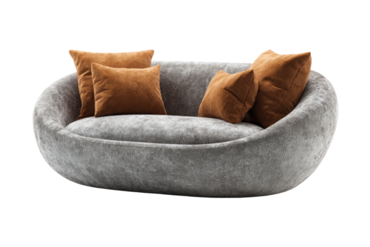 Light gray, oval-shaped sofa with tan cushions