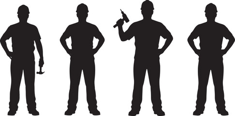 Four black silhouettes of construction workers with tools, construction worker, silhouette, man, male, worker, builder, craftsman, labor, manual labor, hard hat, helmet, hammer, drill, tool, equipment