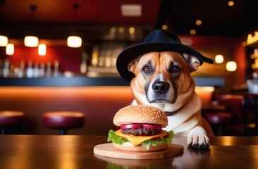 Pitbull dog in black hat sits at wooden table, sniffs juicy burger with meat, cheese, bun, on blurred background of evening cafe. Horizontal concept of tasty food, evening rest, entertainment
