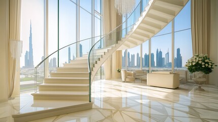 Obraz premium Eye-level view entering an ultra-luxury penthouse hall with floating marble staircase, panoramic Dubai skyline, designer interior and morning light in hyperrealistic premium real estate style