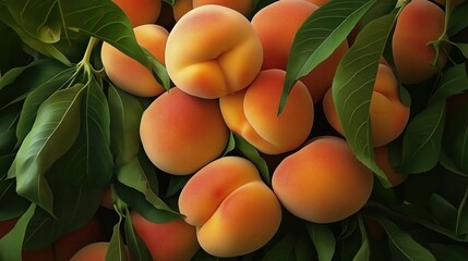 Pile of fresh peaches with leaves background showing juicy texture in high definition close-up.