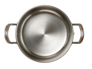 Top-down view of a round, stainless steel cooking pot with two handles