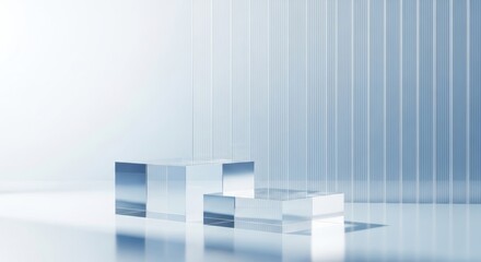 Fototapeta premium Modern acrylic cube display with ribbed background and blue tones