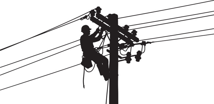 Silhouette of lineman working on power lines against white background, lineman, silhouette, power lines, electricity, utility worker, electrician, pole, climbing, working, repair, maintenance, high vo