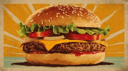 Burger poster fast food menu design elements. Template of fast food menu ad or burger banner cafe menu. Vintage style layout with burger, no logos, no brands