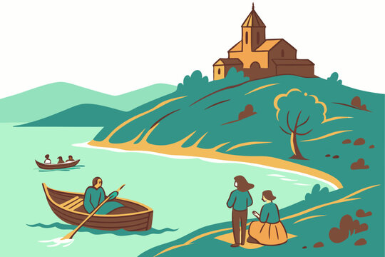 Lake Sevan with turquoise waters, wooden fishing boats, families picnicking on the shore, and Sevanavank monastery on a hill, modern flat illustration style