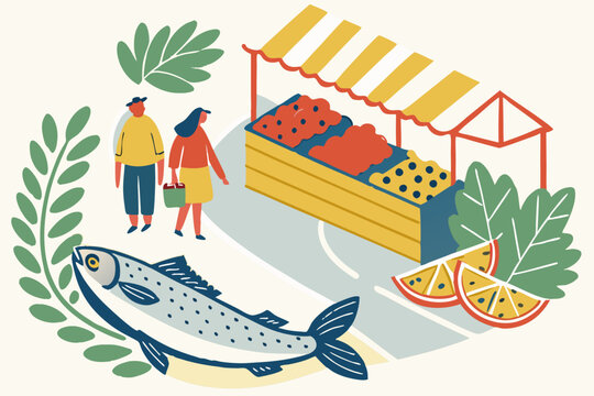 Sevan fish market with freshly grilled trout, lemons, and herbs displayed, while locals chat near the lake&rsquo;s edge, modern flat illustration style