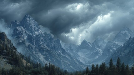 dramatic vast mountain range under stormy clouds stark nature scene atmospheric wilderness landscape, rock, summit, peak, valley, sky, forest, view, scenery