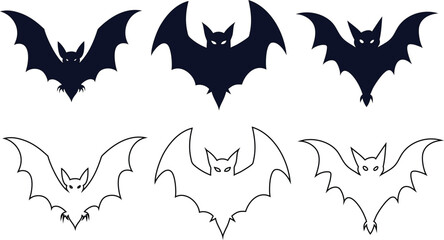 Vector bat icons in flat and outline styles. Great for horror themes, creepy art, and Halloween decorations.

