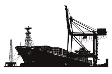 Fototapeta premium Black silhouette vector of container cargo ship docked at port with large industrial crane
