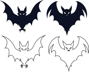 Halloween bat icon collection. Includes outline and solid silhouettes for scary designs and dark-themed projects.

