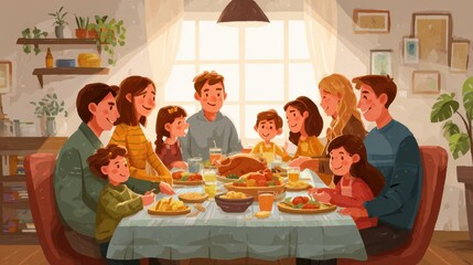 Happy big family eating dinner together vector illustration, no logos, no brands