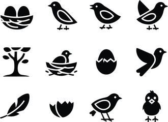 Collection of black bird icons featuring nests eggs chicks and trees