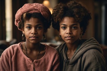 Portrait of black grandmother with teenager granddaughter both are looking into the camera