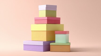 Fototapeta premium stack of colorful cardboard boxes arranged neatly against a clean pastel background.