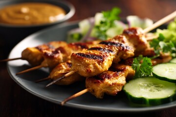 Thai style grilled chicken satay peanut sauce and cucumber relish vibrant street food look appetizing close up