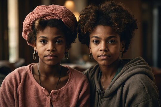 Portrait of black grandmother with teenager granddaughter both are looking into the camera