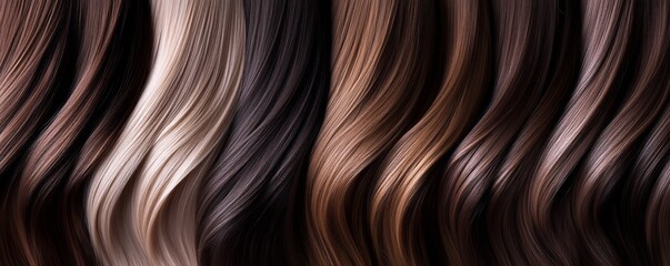 Different shades and textures of natural hair showcased in a cascading display under soft lighting in a salon