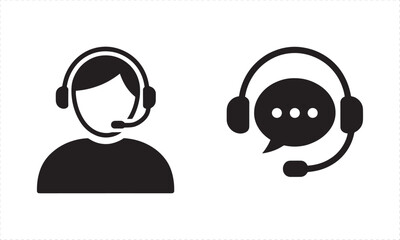 Black silhouette icons of person with headset and speech bubble communication microphone