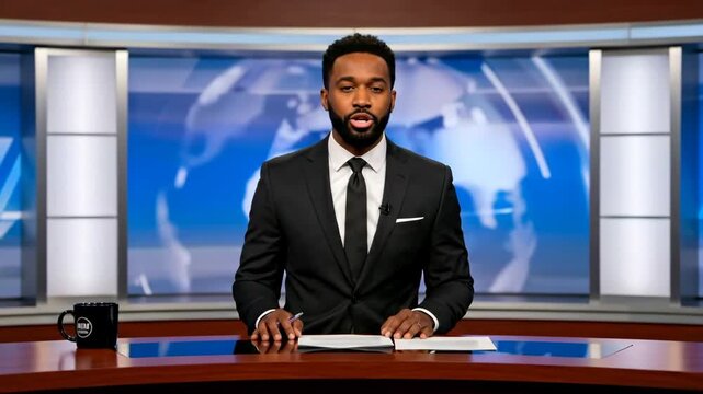 A serious journalist TV African-American man in a black suit is delivering news from a professional, brightly-lit television studio with a world globe in the background.