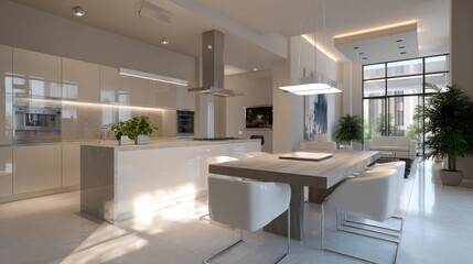Contemporary kitchen with minimalist design: island, dining table, and chairs enhance the modern interior for a functional living space.