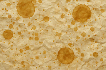 The image depicts a crumpled, beige paper with various coffee stains scattered across its surface, giving it a vintage look.
