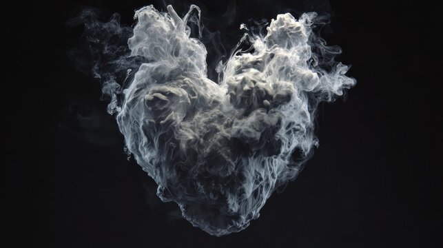 White smoke is creating a human heart shape over black background - Powered by Adobe